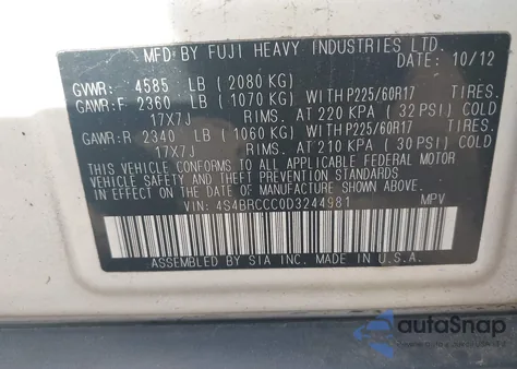 2013 Subaru Outback 2.5I Premium z USA, uszkodzony, nr VIN 4S4BRCCC0D3244981